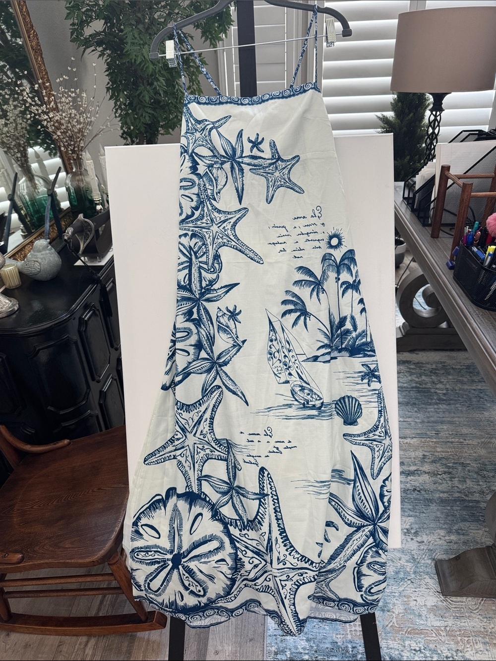 Commense Blue and White Coastal Print Maxi Skirt
